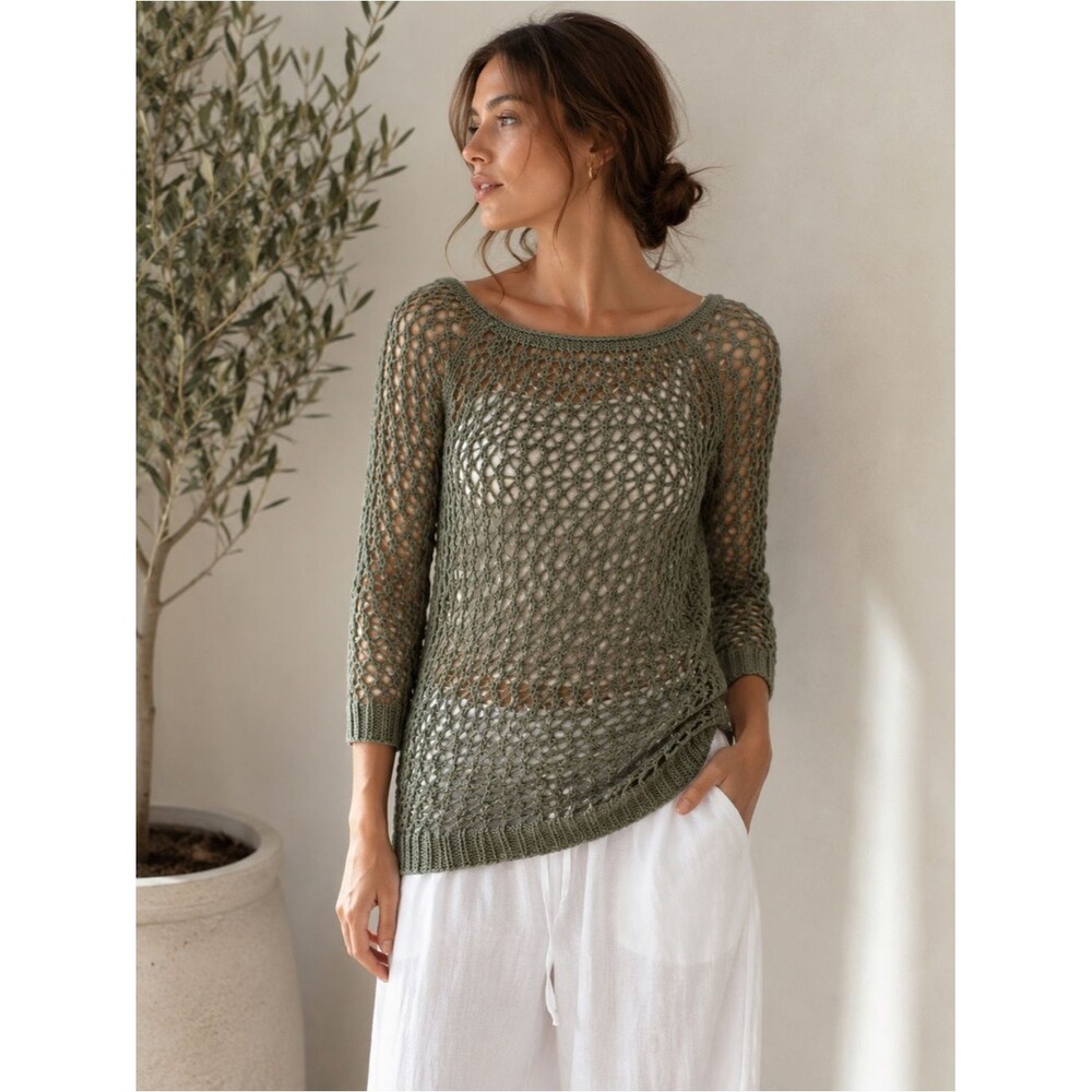 $246 THEORY Open Knit Crochet Boat Neck Sweater 3/4 Sleeve Sage Green Designer M